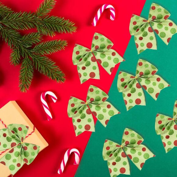 Red, Green Christmas 6 Piece Wreaths Bows Glitter Dot Xmas Ribbon Bow Ornaments - Picture 1 of 8